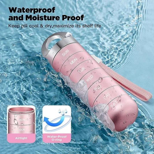 A high-quality, waterproof metal weekly pill box organizer with spacious compartments for managing medications on the go