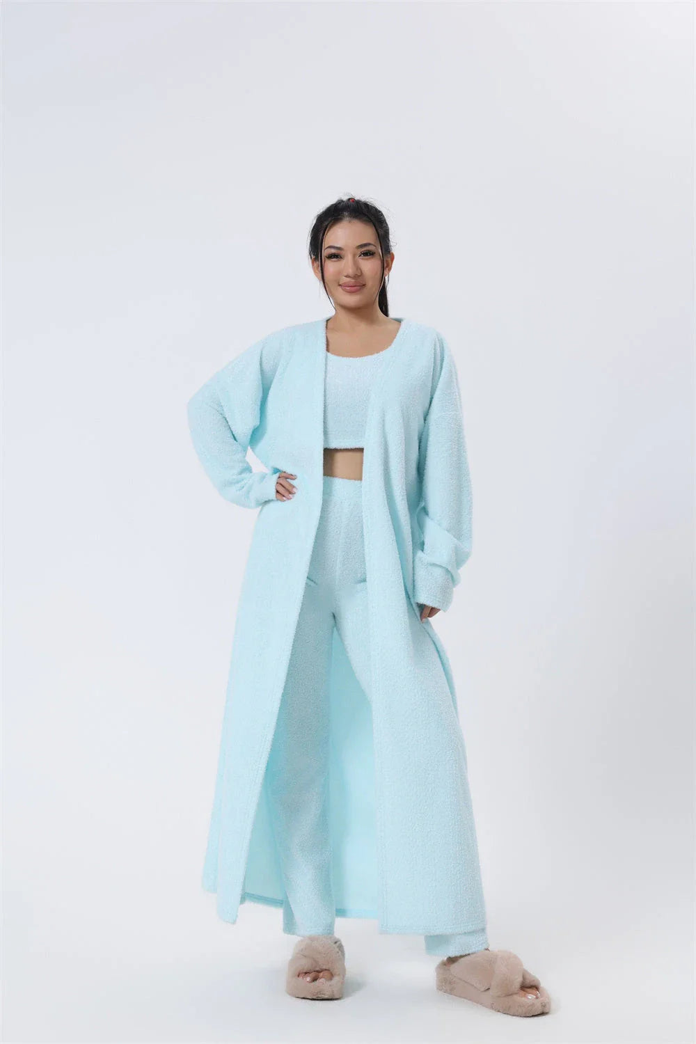 Cozy 3-piece loungewear set in pastel colors including crop top, wide-leg pants, and matching cardigan