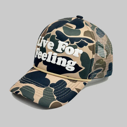 Camo curved brim hat with embroidered 'Live For Feeling' slogan, adjustable size for all-day comfort and style