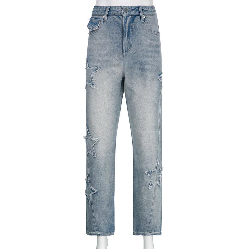 Premium embroidered high-rise straight leg denim jeans in a classic blue color
