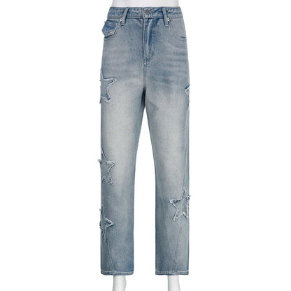 Premium embroidered high-rise straight leg denim jeans in a classic blue color