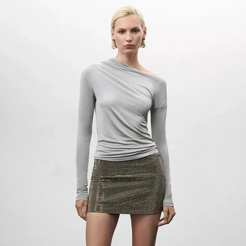Grey asymmetrical collar ruched tee for women, featuring a sophisticated design and stretchy, durable fabric for all-day comfort and style.