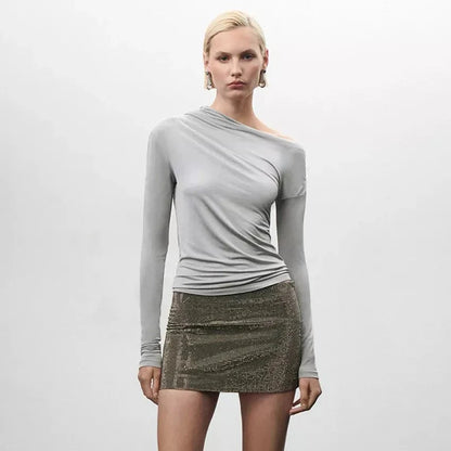 Grey asymmetrical collar ruched tee for women, featuring a sophisticated design and stretchy, durable fabric for all-day comfort and style.