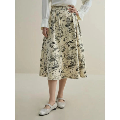Premium polyester A-line midi skirt with unique ink animal print, designed for stylish winters.
