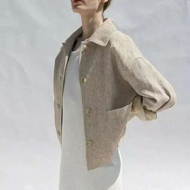Elegant and comfortable cotton-linen autumn jacket for women with classic lapel collar and versatile design