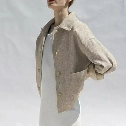 Elegant and comfortable cotton-linen autumn jacket for women with classic lapel collar and versatile design