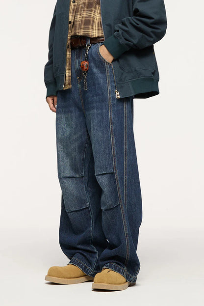 Men's relaxed fit retro straight-leg jeans in black, gray, and denim blue with vintage-inspired details