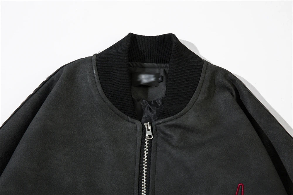 Fashionable Loose PU Leather Jacket with Star Embroidery Design in Black and Gray Green Colors