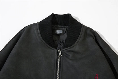 Fashionable Loose PU Leather Jacket with Star Embroidery Design in Black and Gray Green Colors