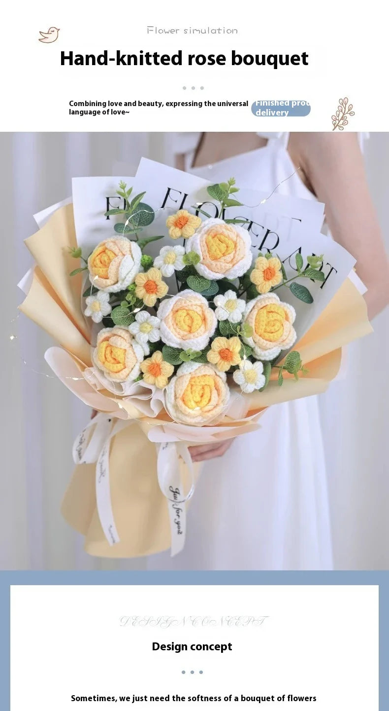 A knitted floral bouquet with vibrant flowers and LED lighting, creating a mesmerizing and elegant home decor piece.