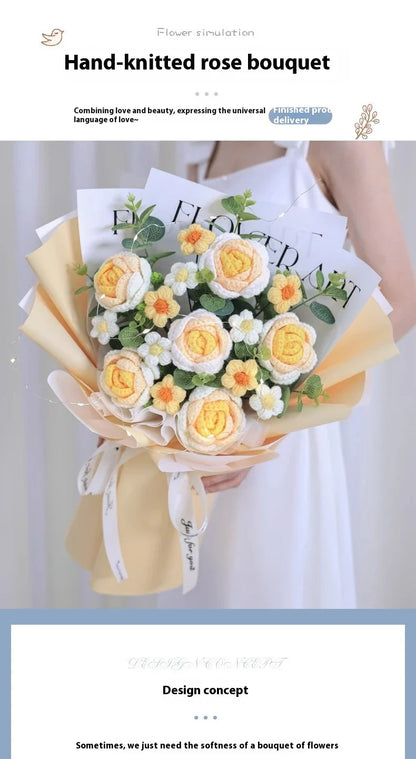 A knitted floral bouquet with vibrant flowers and LED lighting, creating a mesmerizing and elegant home decor piece.