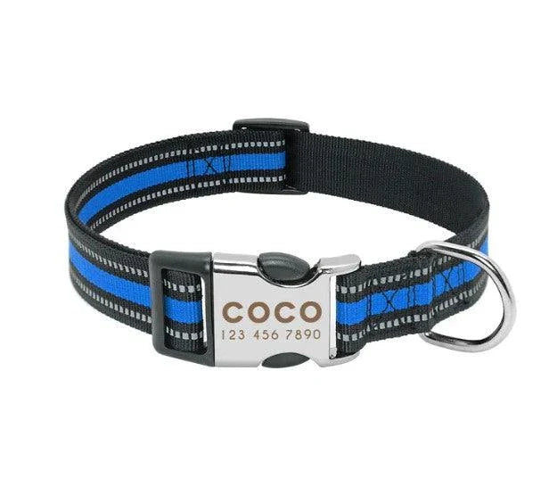 A striped reflective dog collar made of durable nylon material, ensuring visibility and safety for your furry friend during walks and outdoor adventures.