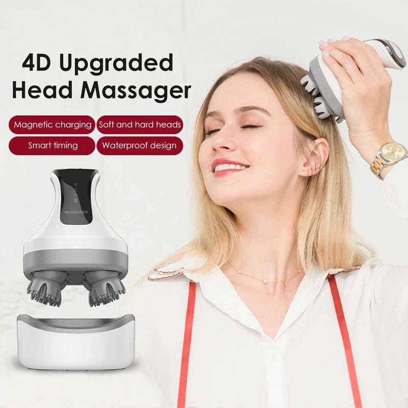 Luxury 4D Smart Scalp Massager with 3D Kneading Massage, Red and Blue Light Therapy, and Interchangeable Massage Heads