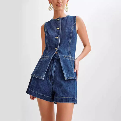 Sleeveless denim button-up top and high-waisted shorts set for women's summer fashion