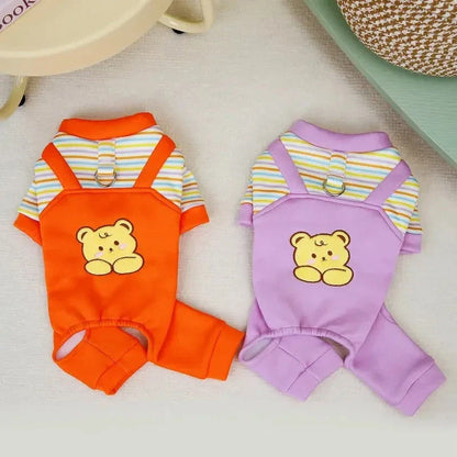 Cozy and stylish striped dog jumpsuit pajamas made of soft, breathable polyester for maximum comfort and warmth