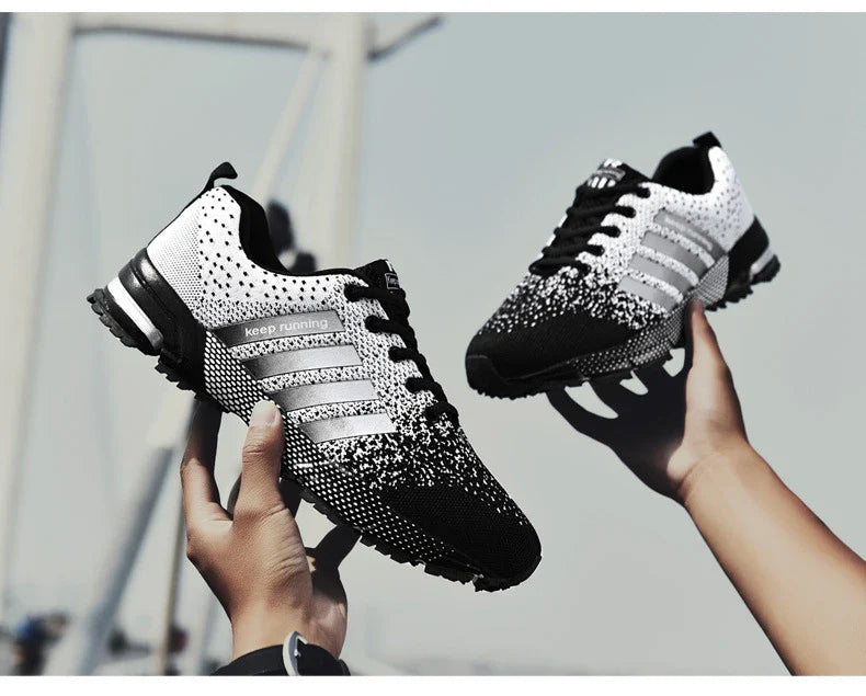 Lightweight and breathable men's running shoes with a mesh upper design for optimal airflow and a durable rubber sole for support and flexibility.