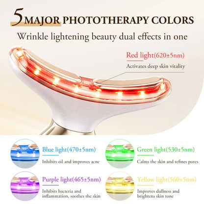 Dual Polar Neck & Face Lifting Device with 24K gold-plated contacts, multi-color phototherapy, and adjustable EMS settings for skin rejuvenation.