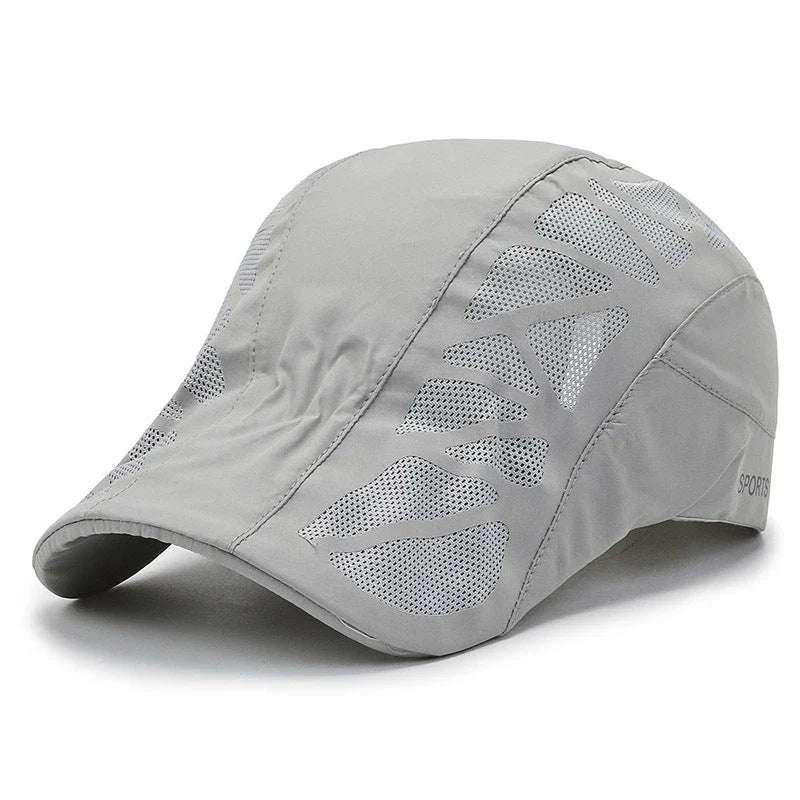 Breathable mesh summer beret cap with adjustable fit, cotton construction, and sun-shielding brim