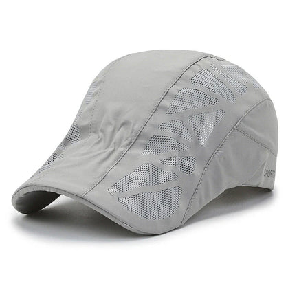 Breathable mesh summer beret cap with adjustable fit, cotton construction, and sun-shielding brim