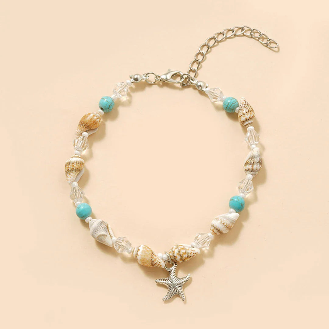 Charming starfish and crystal beaded anklet in white and blue color, a stylish accessory for summer fashion