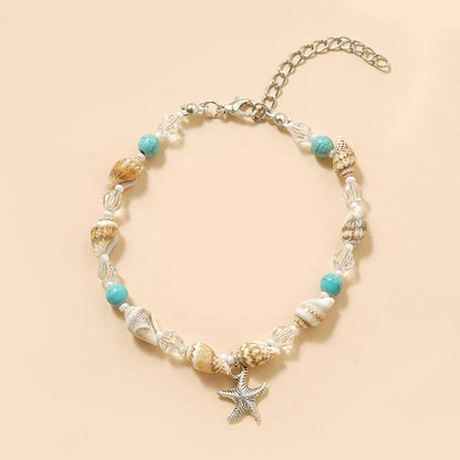Charming starfish and crystal beaded anklet in white and blue color, a stylish accessory for summer fashion