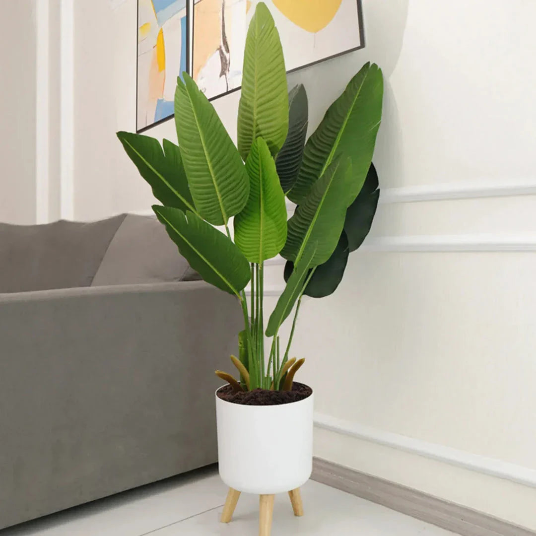 A modern self-watering planter with a wooden stand, designed to simplify indoor gardening and enhance any space with its chic and functional features.