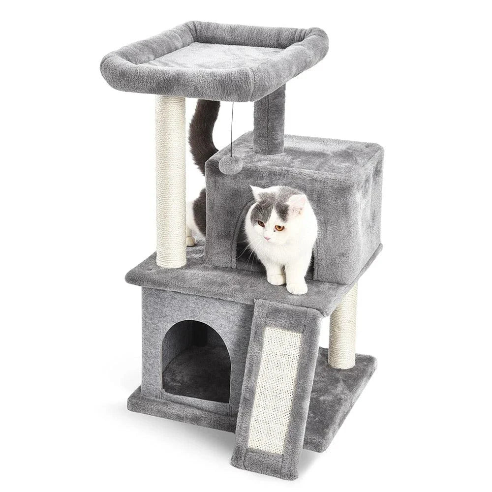 Cozy Cat Tree House with Ladder - A premium cat furniture piece featuring a spacious two-level design, sisal-covered scratching posts, and a convenient built-in ladder for your feline friend's comfort and enrichment.