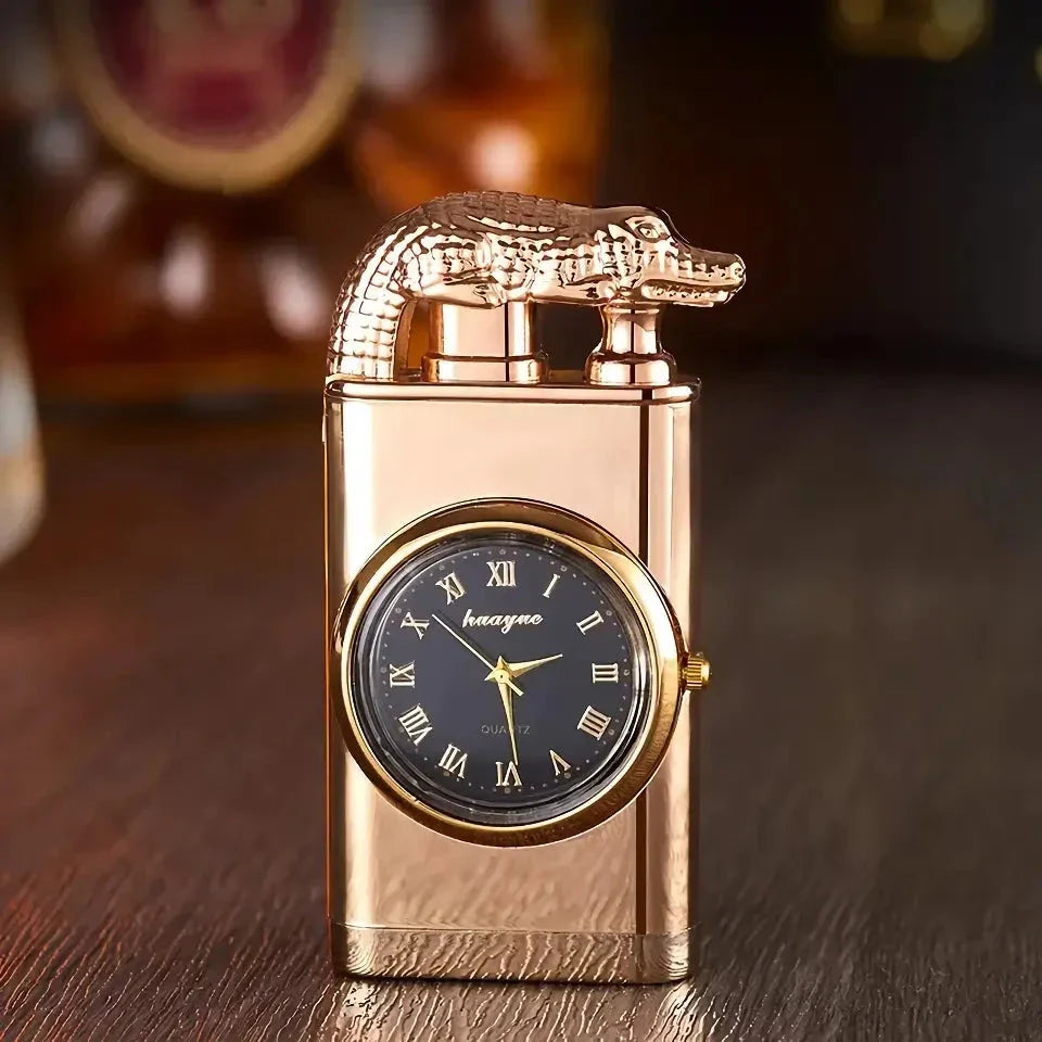 Premium dual-flame metal lighter with a distinctive crocodile head design, providing both style and functionality for outdoor and indoor use.