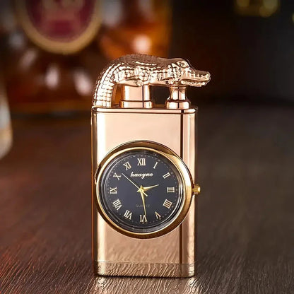 Premium dual-flame metal lighter with a distinctive crocodile head design, providing both style and functionality for outdoor and indoor use.