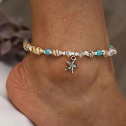 Charming starfish and crystal beaded anklet in white and blue color, a stylish accessory for summer fashion