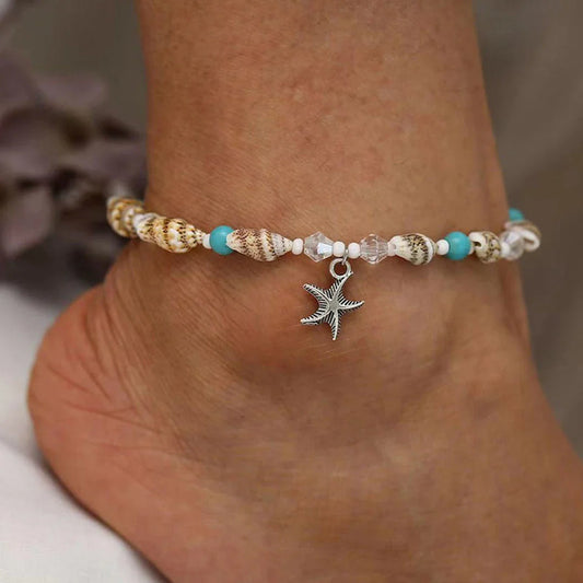Charming starfish and crystal beaded anklet in white and blue color, a stylish accessory for summer fashion