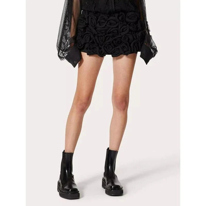 Women's high-waist patchwork applique slimming shorts in red, featuring a flattering silhouette and delicate decorative details