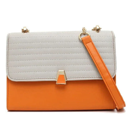 Color Block Quilted Vegan Leather Fashion Shoulder Bag in Orange with Decorative Lock and Chain Detail
