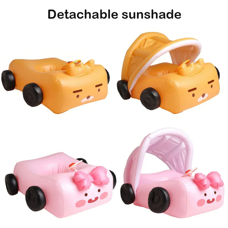 Inflatable car-themed swimming seat ring for kids with detachable sunshade and vibrant yellow color