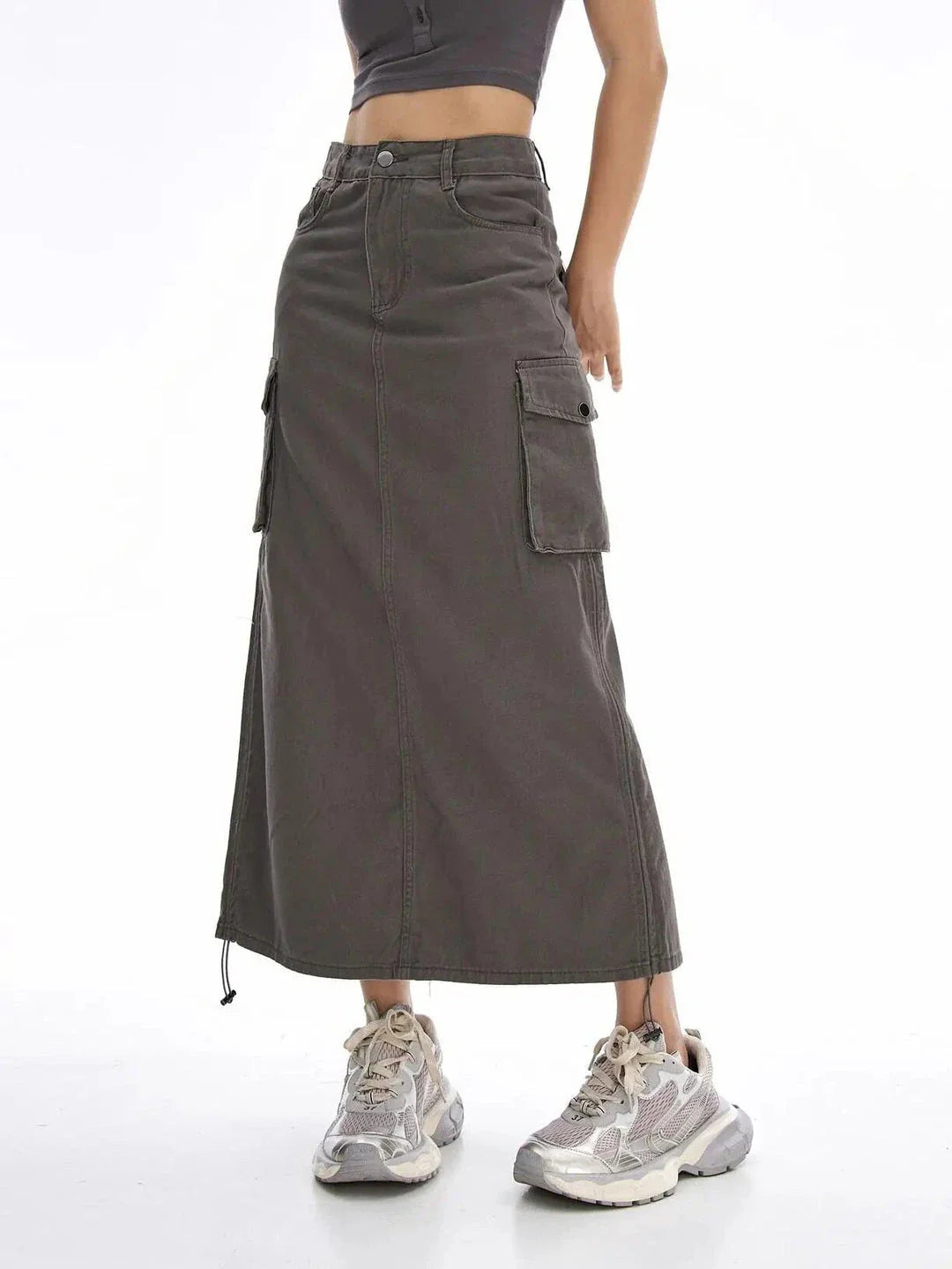 New Cargo Long Skirt - A versatile, mid-calf length skirt with a drawstring waist, pockets, and a flattering A-line silhouette