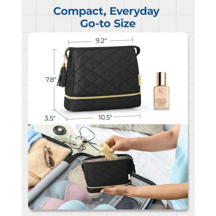 Elegant dual-layer makeup organizer bag in pink color with stylish tassel zippers and smooth zipper closure for easy access to cosmetics and beauty essentials