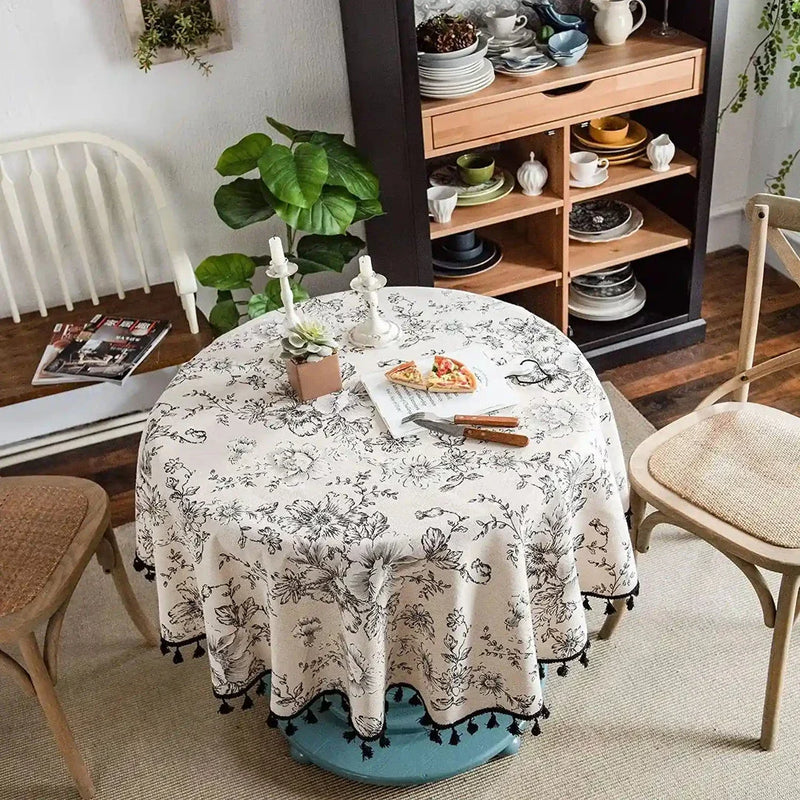 Hhomeenjoy Elegant Floral Cotton Linen Round Tablecloth with Tassels