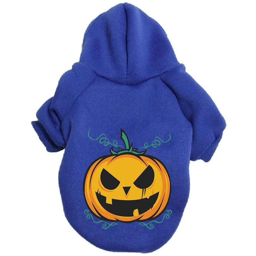 A cozy pumpkin-themed dog sweater in various vibrant colors, perfect for Halloween festivities.