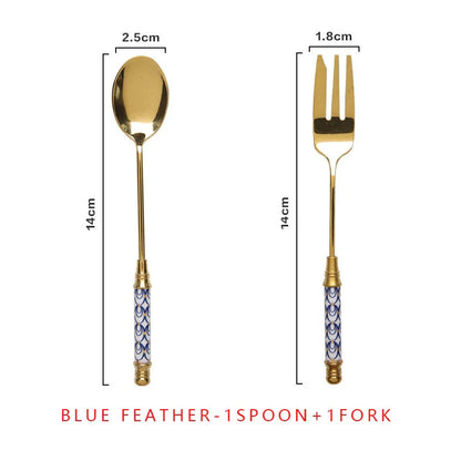 Elegant vintage gold and ceramic coffee and dessert utensil set with hand-painted handles in pink and blue tones
