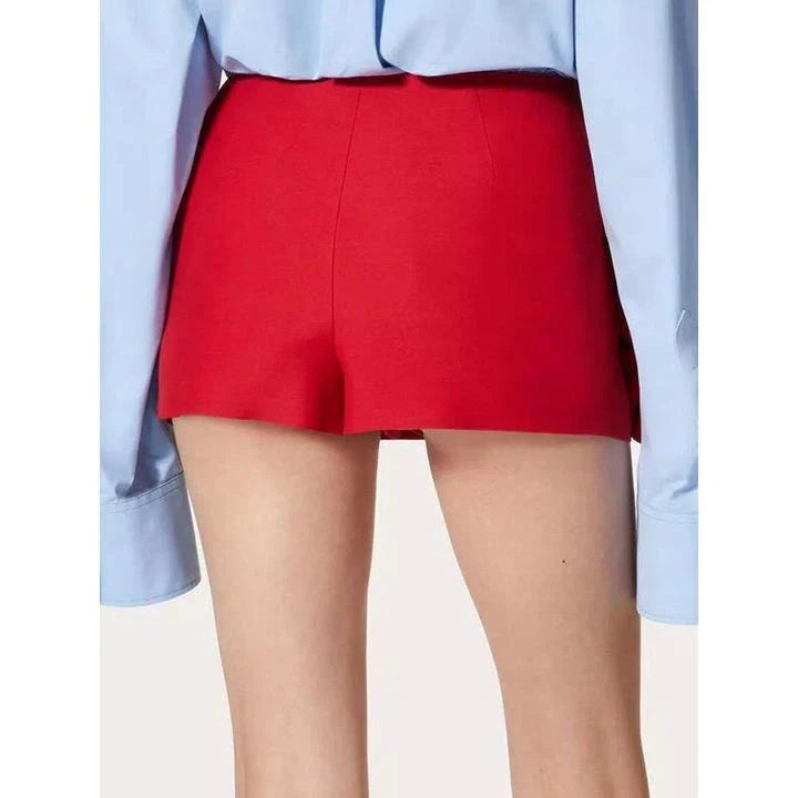 Women's high-waist patchwork applique slimming shorts in red, featuring a flattering silhouette and delicate decorative details