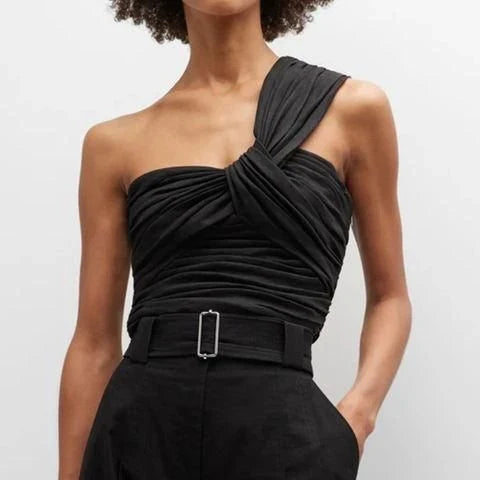 Asymmetrical solid tank top with diagonal collar and slimming folds, made from soft and breathable cotton-polyester blend