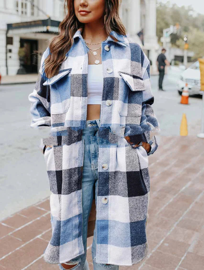 A fashionable women's plaid woolen jacket with a relaxed fit, featuring a timeless plaid pattern and polyester construction for comfort and durability.