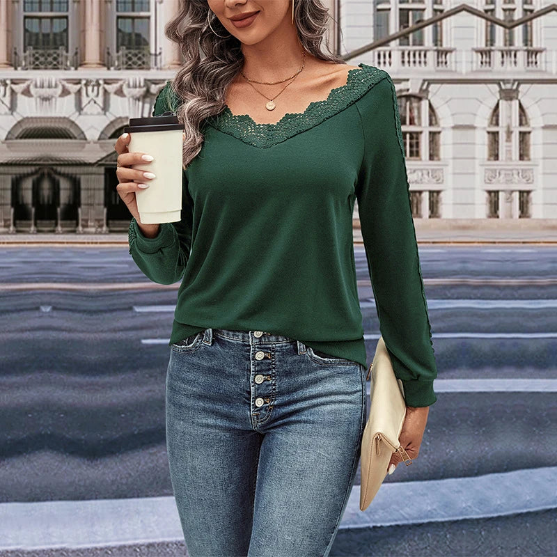 Elegant polyester lace blouse for women in various colors, featuring a long-sleeve silhouette and classic design