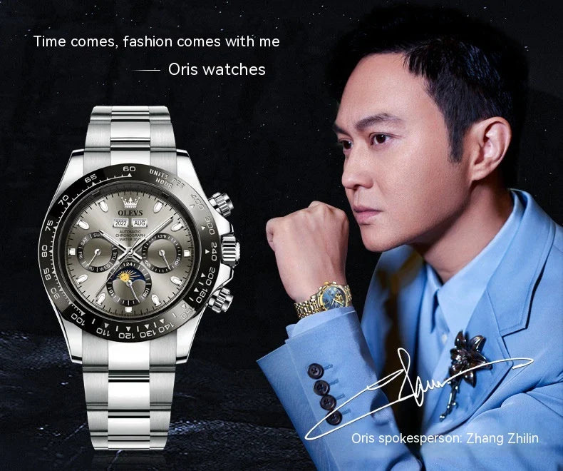 Elegant automatic men's watch with stainless steel case and adjustable bracelet, showcasing precise timekeeping and versatile design.
