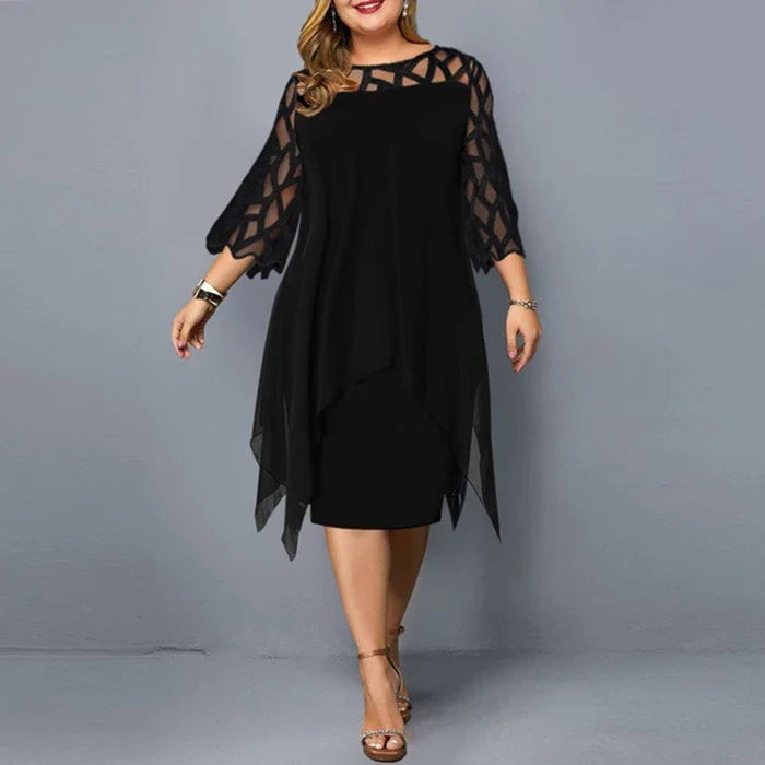 Stylish chiffon dress with lace splicing, irregular hemline, and seven-minute sleeves in black, purple, and dark green colors