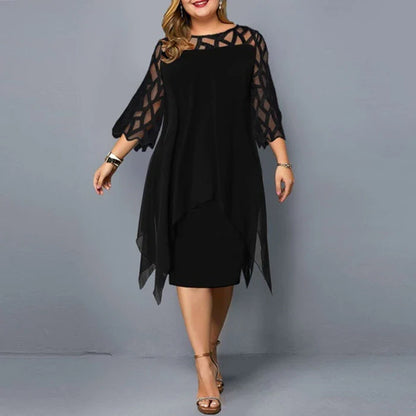 Stylish chiffon dress with lace splicing, irregular hemline, and seven-minute sleeves in black, purple, and dark green colors