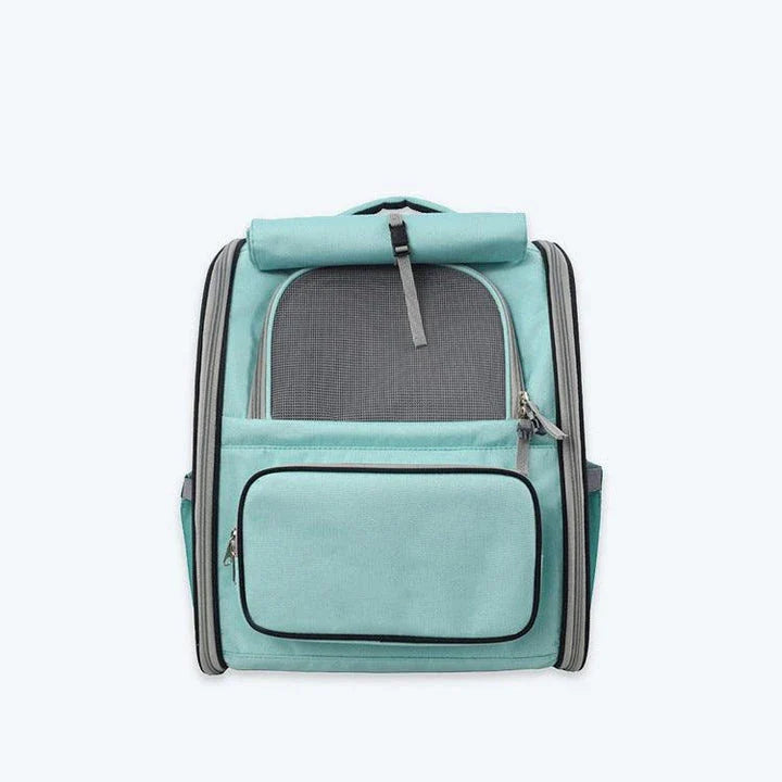 Breathable Oxford cloth pet carrier bag in grey, yellow, and blue colors with double-shoulder straps for comfortable carrying