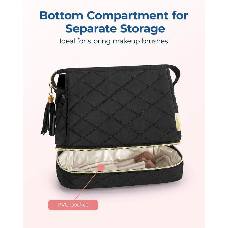 Elegant dual-layer makeup organizer bag in pink color with stylish tassel zippers and smooth zipper closure for easy access to cosmetics and beauty essentials