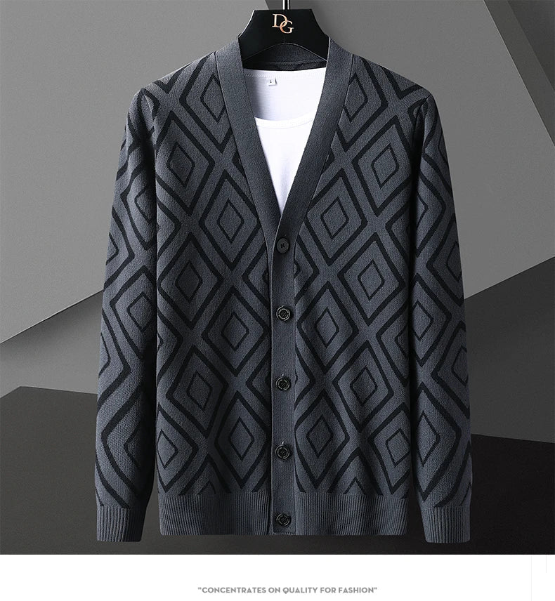 Premium knitted cardigan sweater for men in various classic color options, featuring a soft, comfortable blend of materials and a modern, tailored fit.