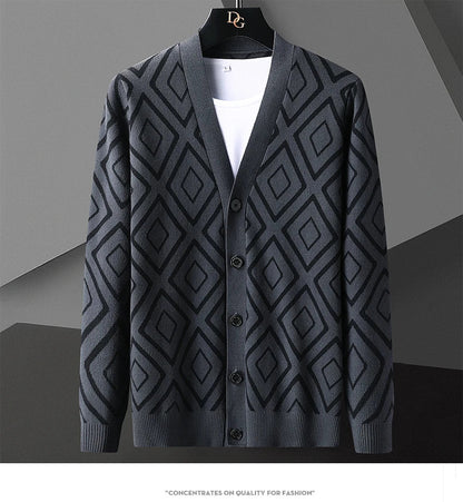 Premium knitted cardigan sweater for men in various classic color options, featuring a soft, comfortable blend of materials and a modern, tailored fit.